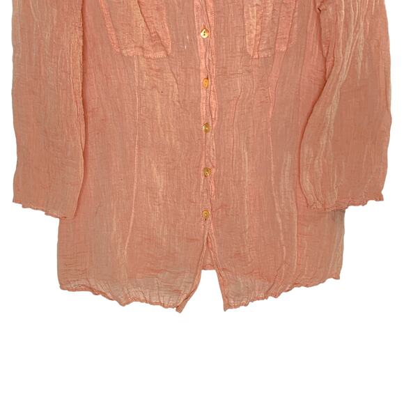 Lafayette 148 Size 10 Coral Peach Crinkle Button Front Shirt Tie Neck - Picture 5 of 8